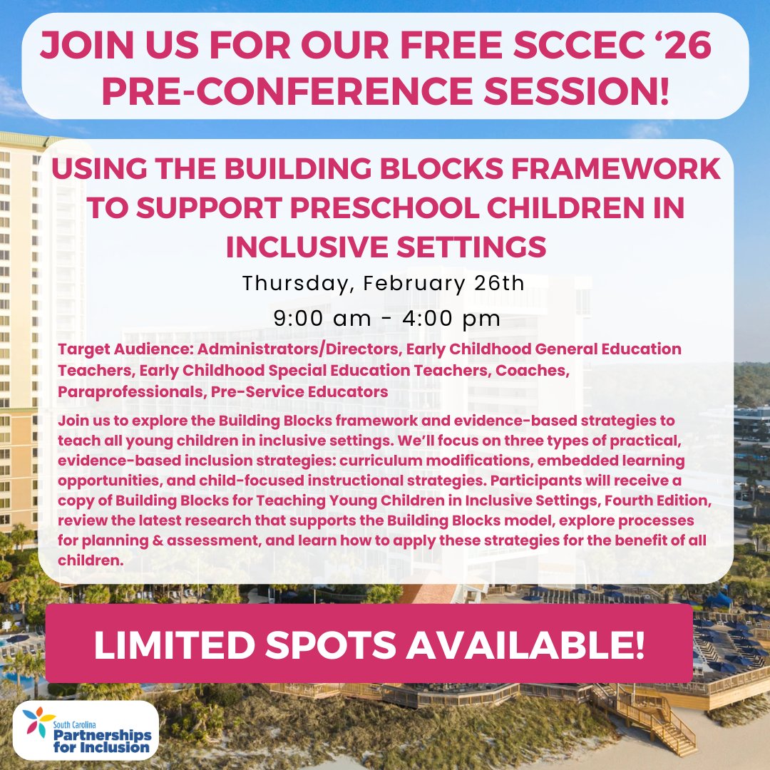 SCPInclusion's tweet image. Reminder: we’re offering a free pre-conference session to kick off SCCEC on February 26! Join us as we explore the Building Blocks framework and child-focused instructional strategies.   

Click the link below for more info and to reserve your spot!
uofsc.co1.qualtrics.com/jfe/form/SV_