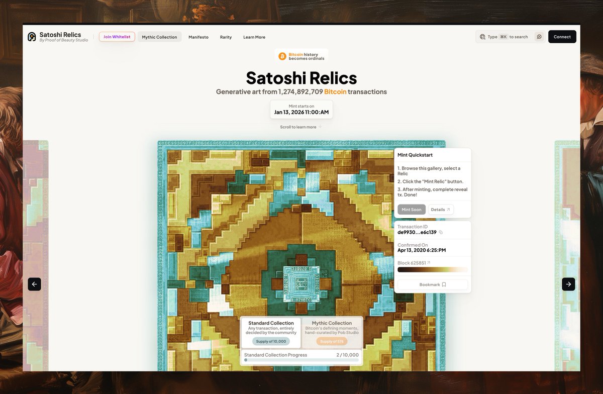 prrfbeauty's tweet image. The new Satoshi Relics homepage is LIVE.
It puts you right into the flow of the art.

Swipe through Standards or Mythics and explore the collection. Minting is now seamless. 😌

Each Relic is pegged 1:1 to a Bitcoin transaction, a unique generative artifact. (1 tx = 1 Relic)
