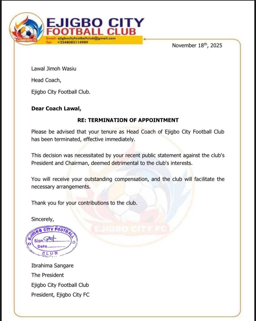 obagesport79558's tweet photo. BREAKING: Ejigbo City FC Parts Ways with Head Coach Lawal Wasiu

In a shocking turn of events, Ejigbo City FC has announced the departure of their head coach, Lawal Wasiu, after just four months in charge.@InsideOsogbo @OsunUnited_ https://t.co/1CFR4GOucy