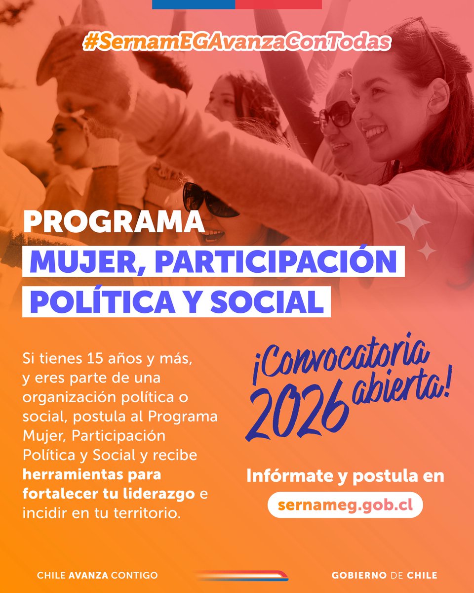 💜 Ya está abierta la convocatoria 2026 del Programa Mujer, Participación Política y Social, donde podrás recibir herramientas y conocimientos para potenciar tu liderazgo e incidir en tu territorio.

📲Conoce los requisitos y postula hasta el 9 de enero sernameg.gob.cl