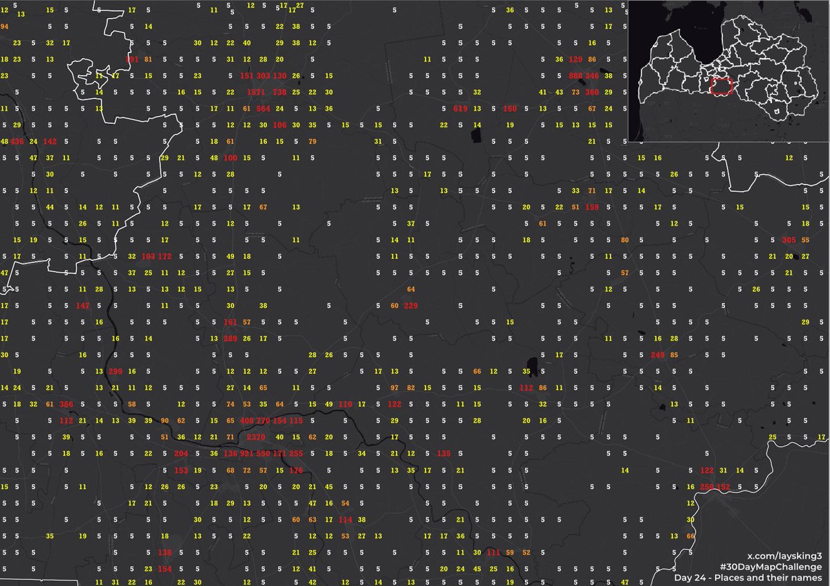 laysking3's tweet image. Iedzīvotāju skaits 1km2 režģī (2025.g. sākumā), attēlots tekstā. Vērtības starp 1-10 norādītas kā 5. Dati: CSP. Day 24, Places and their names #30DayMapChallenge #population #dataviz