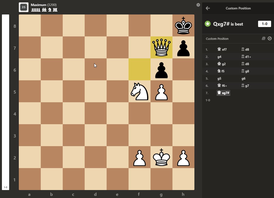 BtcBlackthorne's tweet image. This is far from a mate-in-2, actually.

I set it up on the chess site, practiced against the 3200 bot, and made all the moves that it said were best.

That took 7 moves.

(But it&apos;s still a nice image generation!)