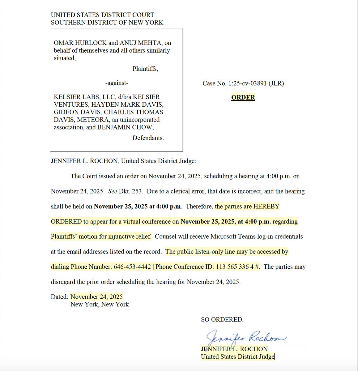 Caso $LIBRA en NY: La jueza Rochon convoca a las partes a una audiencia mañana, 25/11, a las 18 (ARG), para evaluar si debe prohibir maniobras de los demandantes tendientes a impedir el rastreo de sus ganancias. La pueden escuchar marcando el 001-646-453-4442 ( e ingresando el