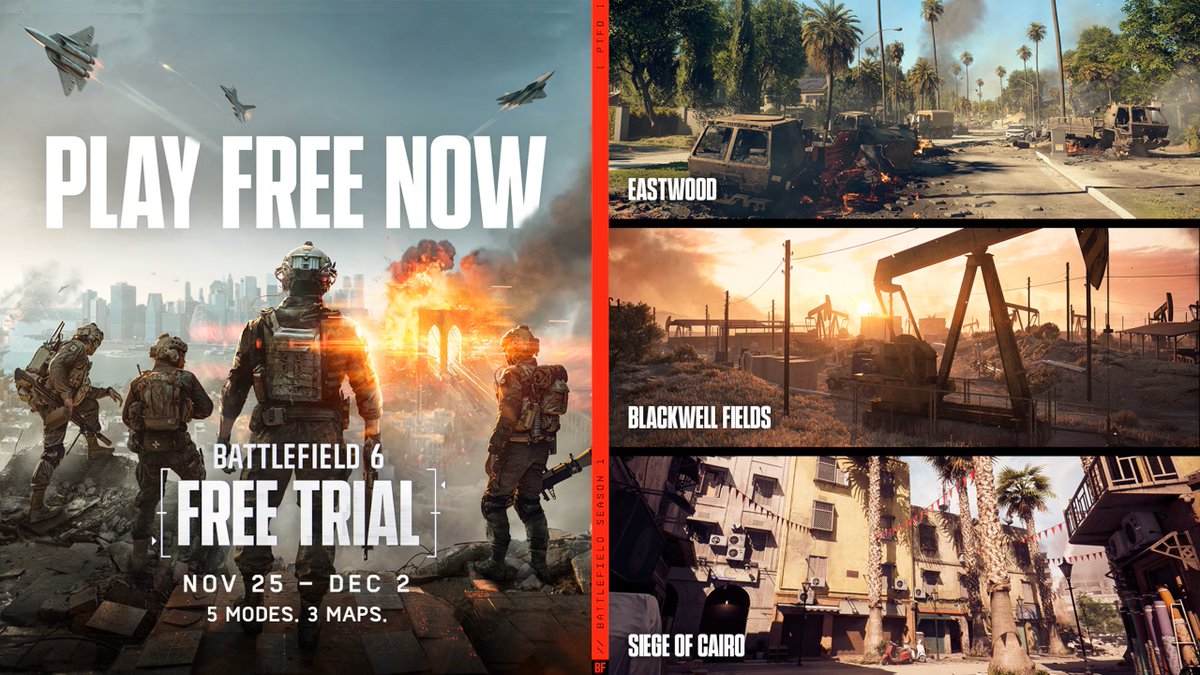 #Battlefield6 Free Trial is now live until December 2nd, 12 PM UTC. x.com/BFBulletin/sta…