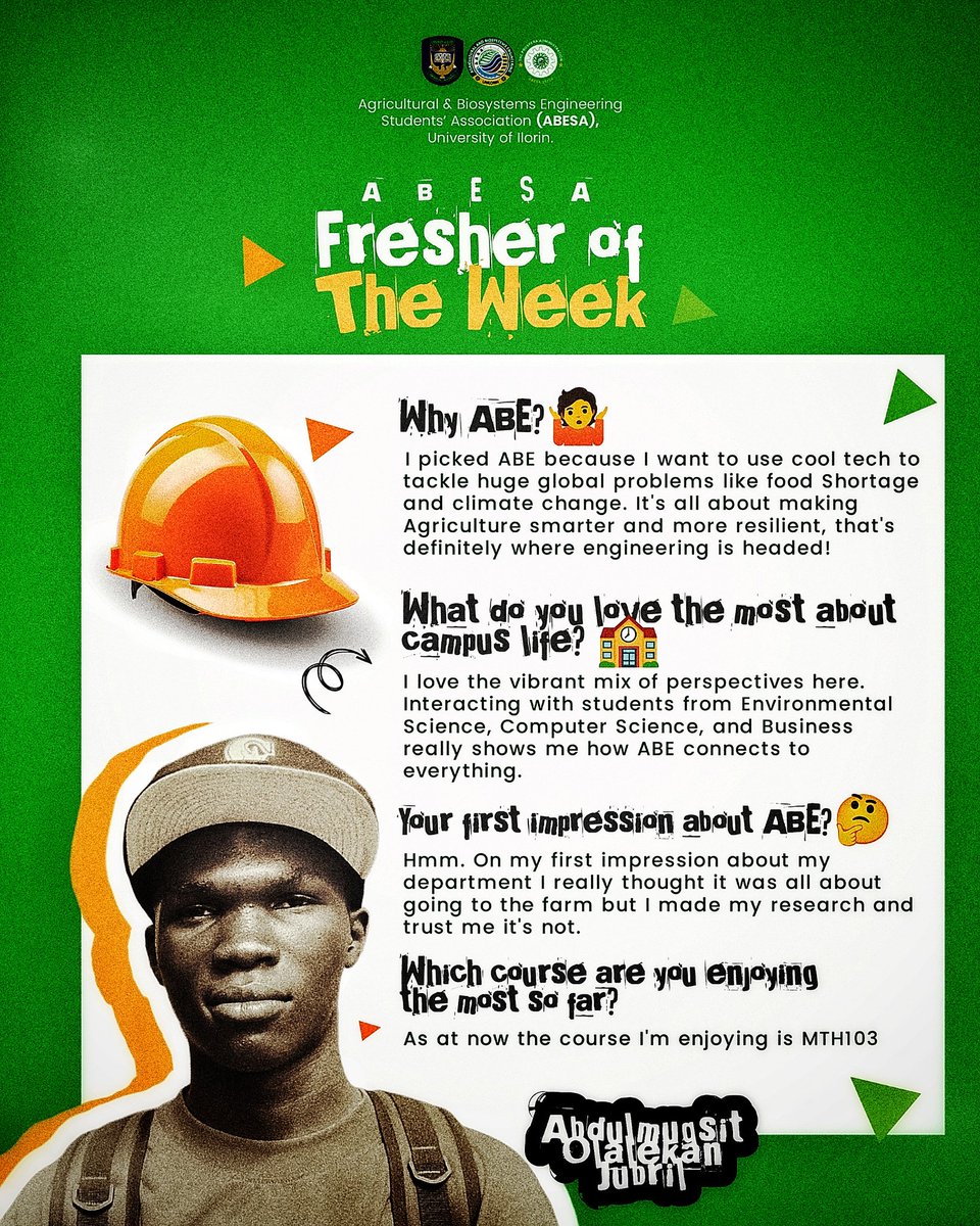 abe_unilorin's tweet image. What a successful week! The Orientation, Sports Day, and Movie Night were spectacular.
​Introducing our ABESA Fresher of the Week: Abdulmunsit Olalekan Jubril! His enthusiasm for ABE is infectious.
​Congratulations, Abdulmunsit, and welcome to the ABESA family! 💚