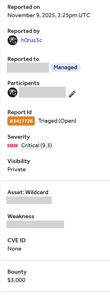 h0rus3c's tweet image. Just received $3,000 on @Hacker0x01

The streak of Criticals continues 🚀

#BugBounty #HackerOne #CyberSecurity