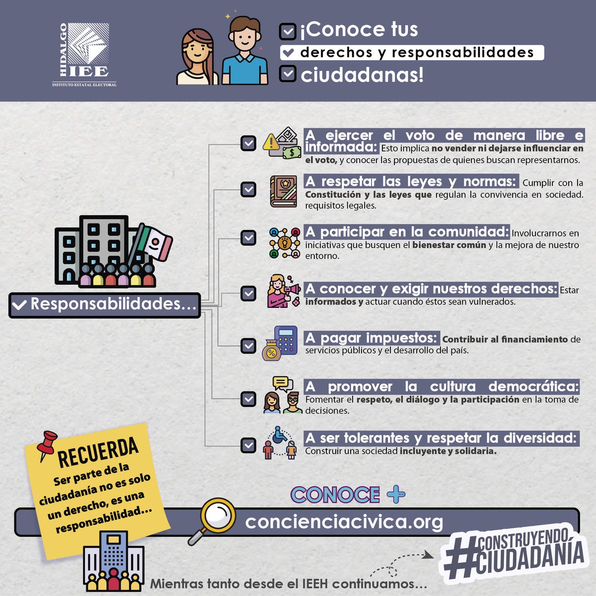 IEEHidalgo's tweet image. 👥💬 || Ser parte de la ciudadanía no es solo un derecho, es una responsabilidad.
Porque la democracia no es solo votar, es involucrarnos todos los días en la construcción de una sociedad equitativa.

¿Cómo ejerces la tuya? 🙋‍♀️🙋🙋‍♂️

A continuación, conoce tus derechos y…