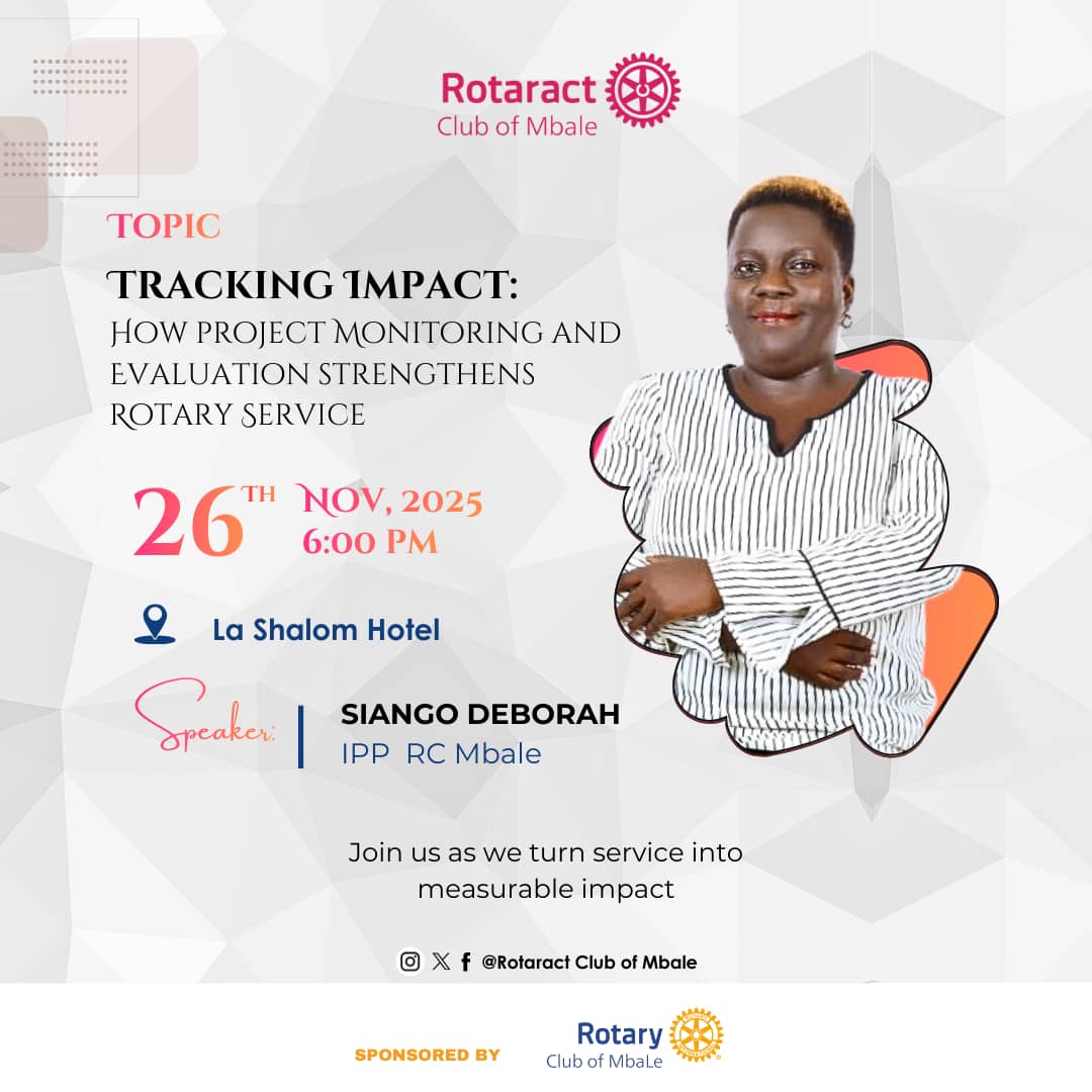The Rotaract Club of Mbale invites you to yet another evening fellowship with our guest speaker,IPP Siango Deborah(RC.Mbale)
🗓 Wen 26th Nov 2025
⏰  6PM
📍 La-Shalom Hotel
💡 How Project Monitoring &amp; Evaluation Strengthens Rotary Service.
#rotaryeyamba #elgonians