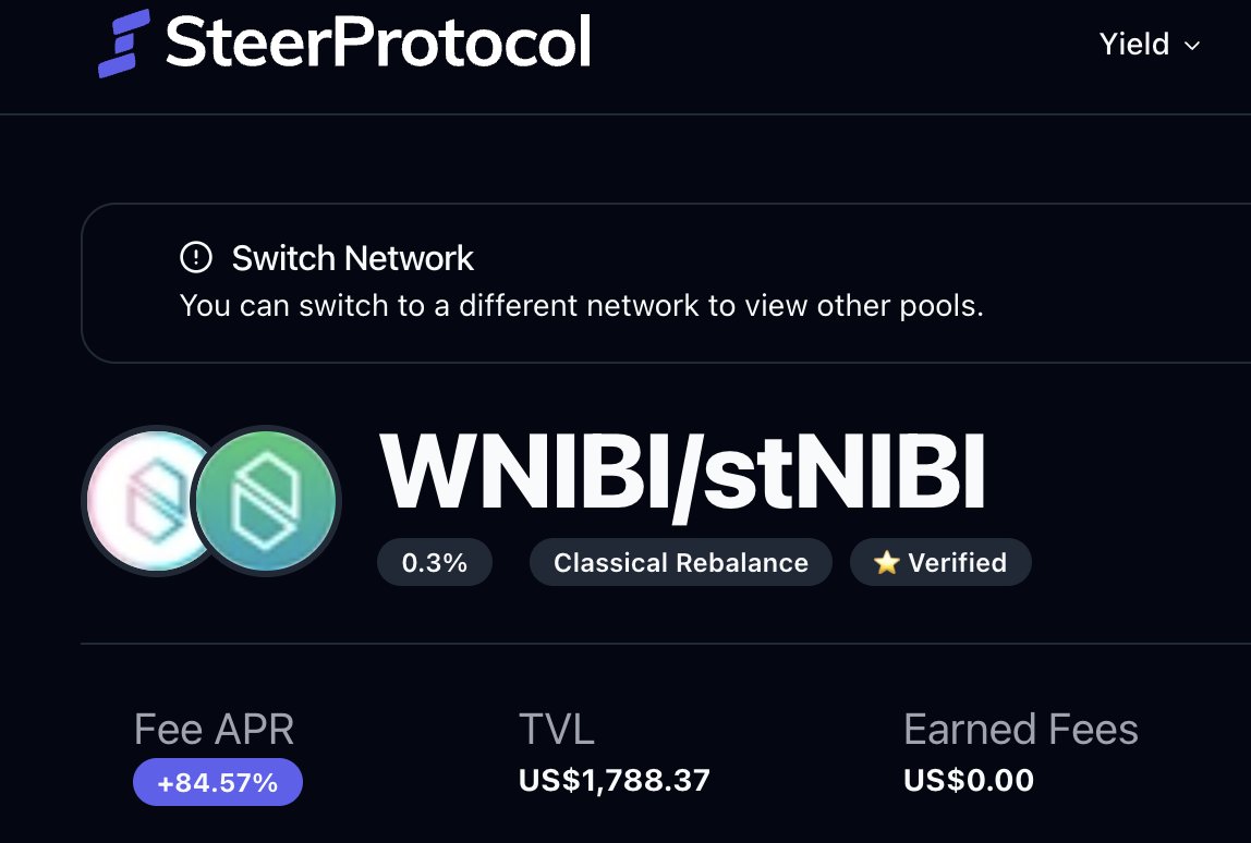 NibiruChain's tweet image. 84.57% Fee APR on the WNIBI/stNIBI vault 👀 @steerprotocol is absolutely cooking.