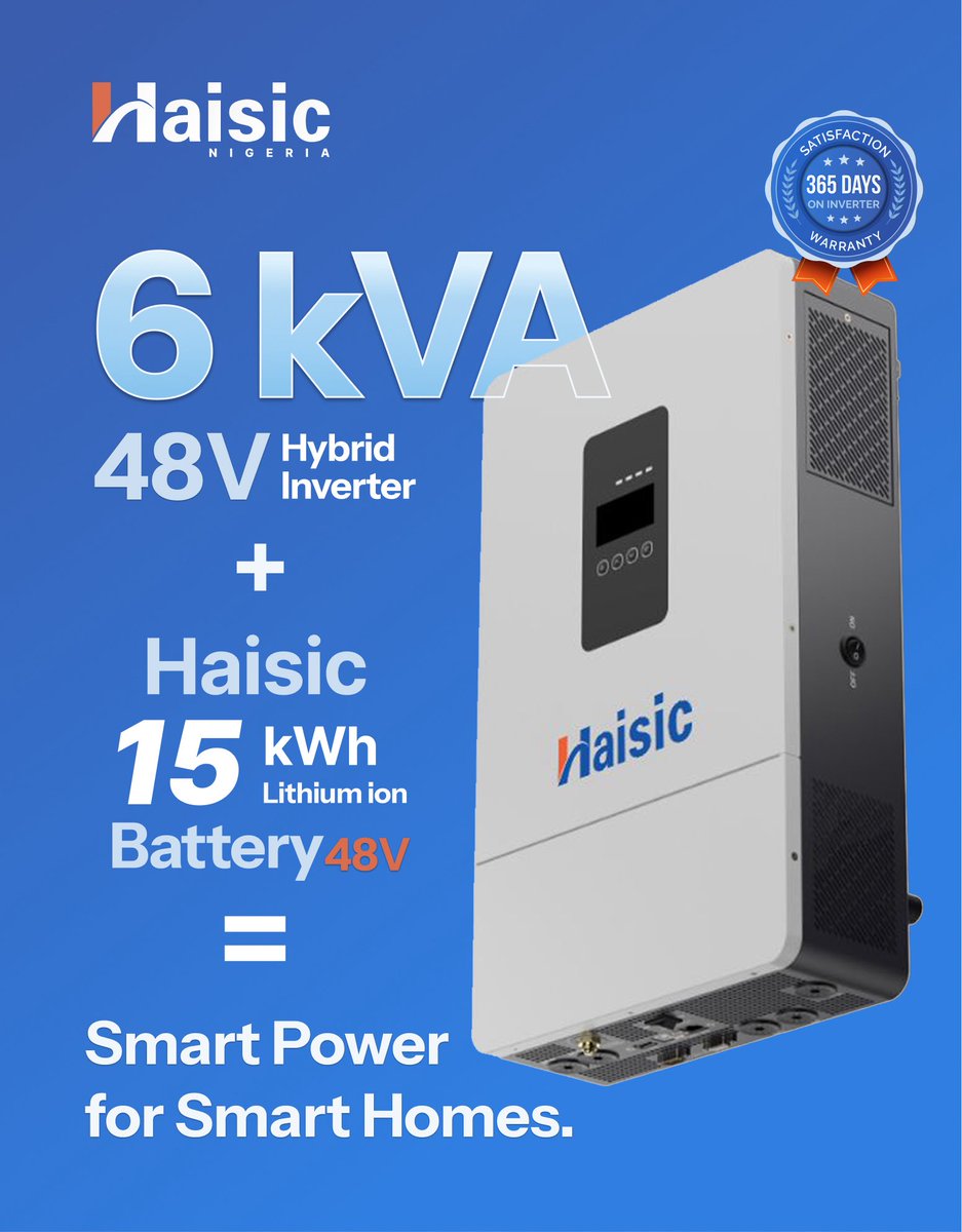 HaisicNigeria's tweet image. Imagine a world where your gadgets never die and your lights always shine... 
it’s not a dream, it’s our Haisic 6kVA hybrid Inverter + 15kWh Battery! 🚀 
Get ready for Smart Power for Smart Homes. Your home will thank you! 😉

#poweredbyhaisic #beyondallenergy