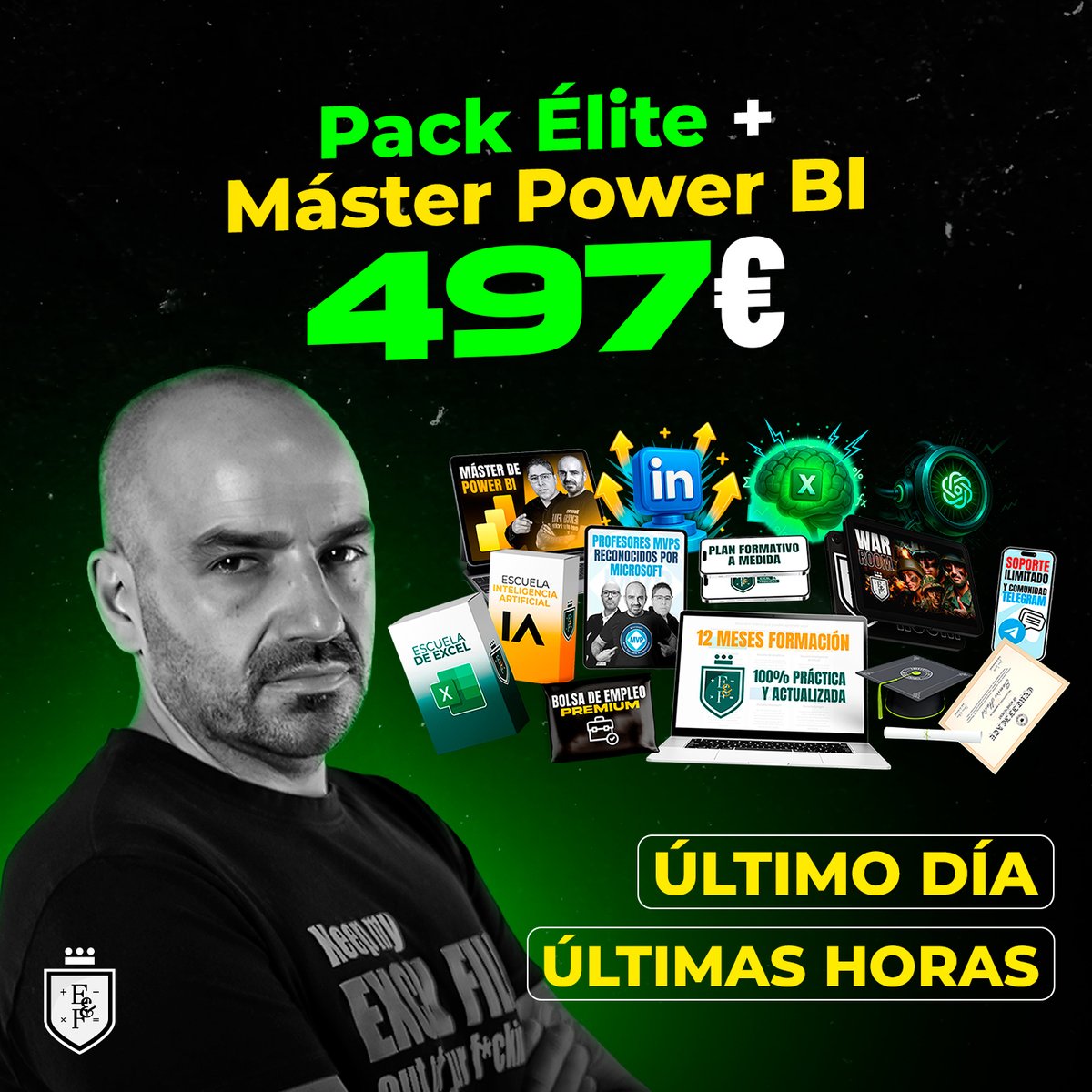 excelyfinanzas's tweet image. ⏰ Hoy es el último día. Se cierra.

Pack Élite + Máster en Power BI: Excel PRO, IA, Power BI, certificación, escuela completa, GPT (5.000€), masterclass nuevas y comunidad.

497€ o 3×190€.
Bonificable 100%.

No vuelve.

👉 go.excelyfinanzas.com/green-week/

#excel #ia #powerbi