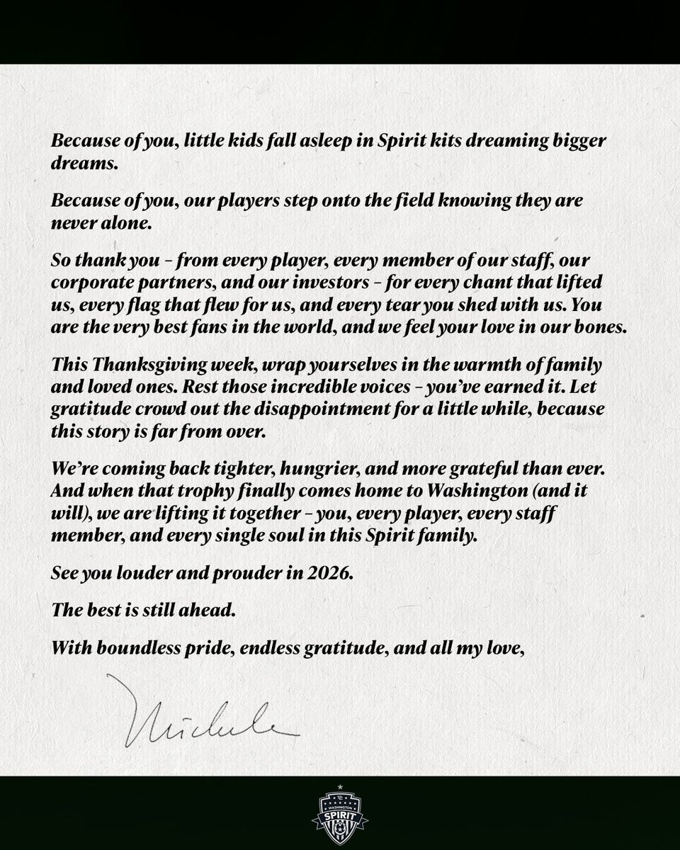 WashSpirit's tweet image. A letter to our Spirit family from Michele Kang 💛