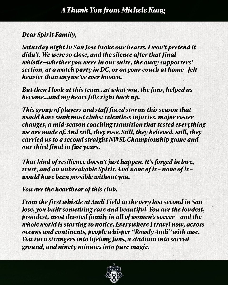 WashSpirit's tweet image. A letter to our Spirit family from Michele Kang 💛
