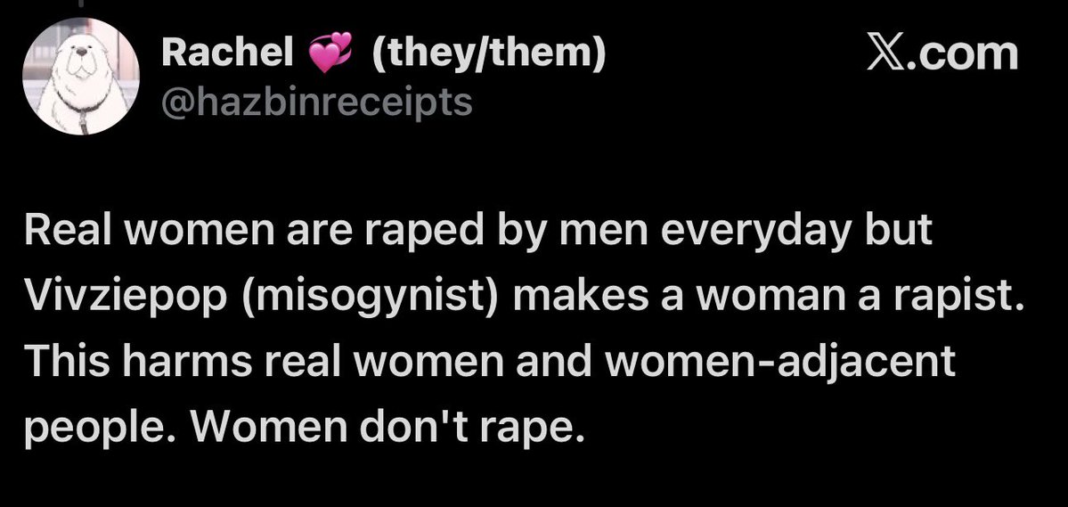 DJWarnerStage's tweet image. All the information that you get from &quot;vivziepop is a terrible person !&quot; Comes from this MF btw. &quot;Woman don&apos;t rape&quot;
💀