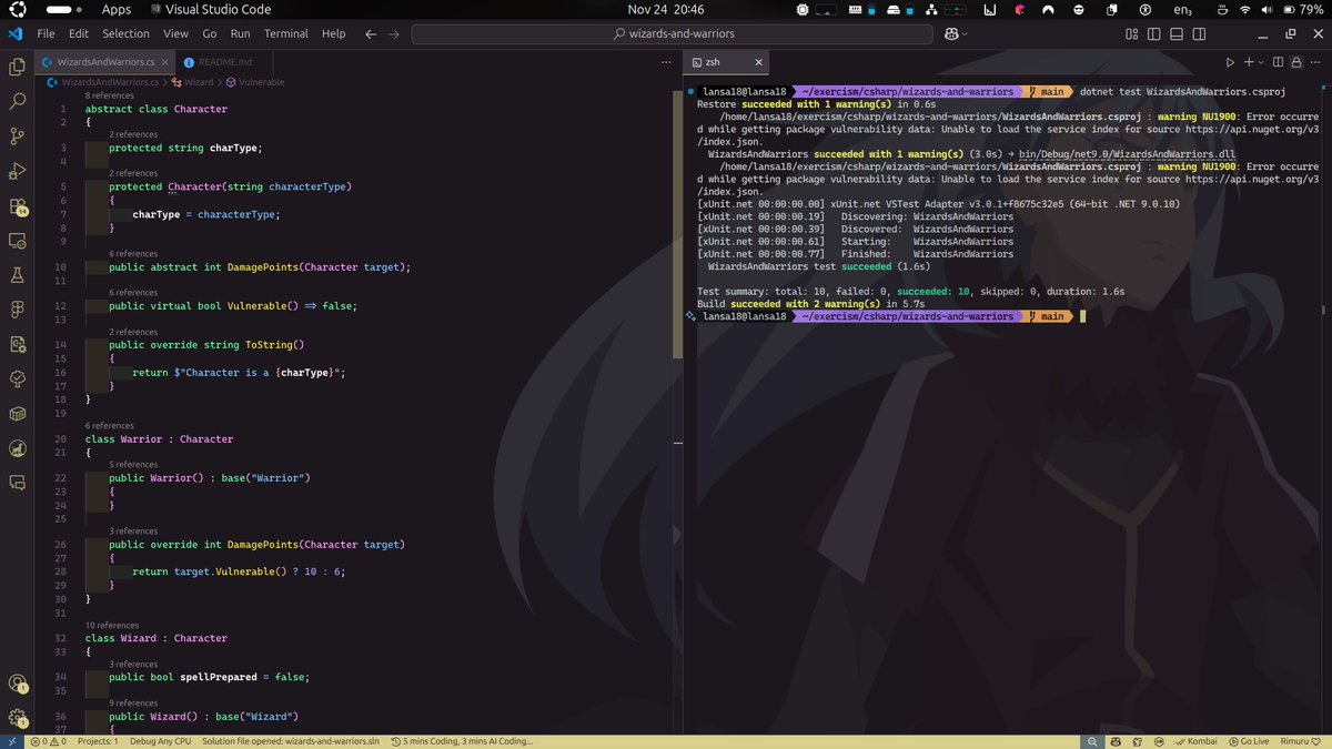 Lansa_18's tweet image. Completed the Wizards and Warriors challenge on @exercism_io!
This tested key inheritance concepts: overriding with virtual/override, understanding protected vs abstract, and how they all interact in a class hierarchy.

#csharpdevelopers #LearnInPublic