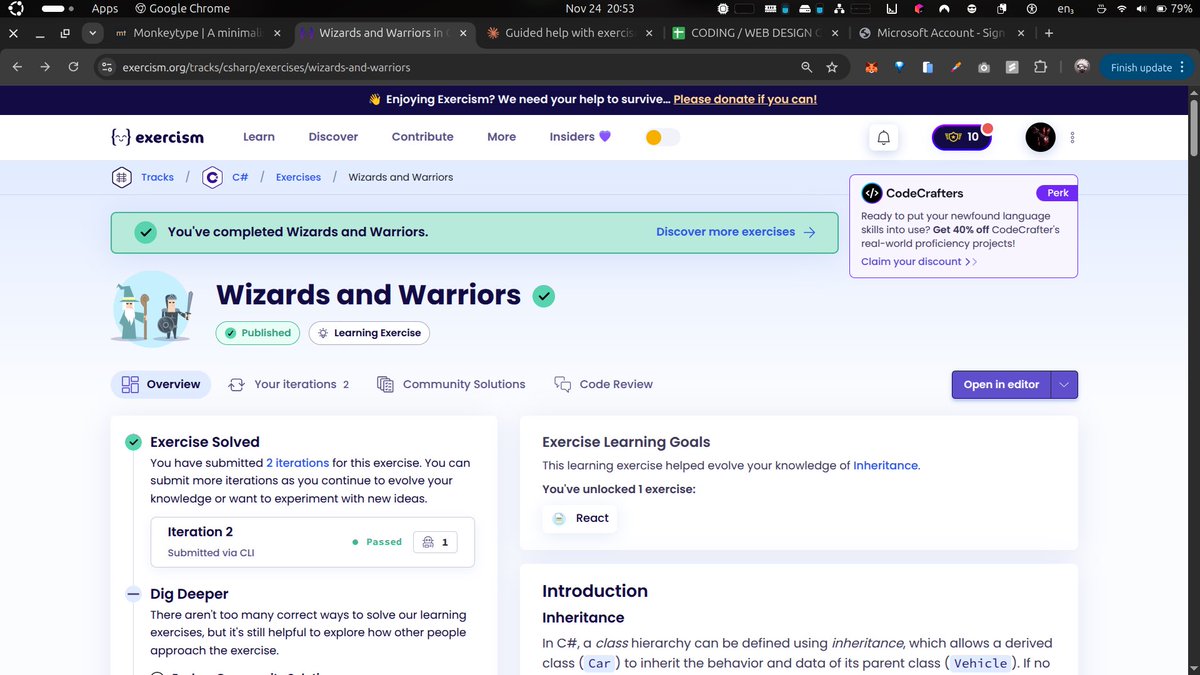 Lansa_18's tweet image. Completed the Wizards and Warriors challenge on @exercism_io!
This tested key inheritance concepts: overriding with virtual/override, understanding protected vs abstract, and how they all interact in a class hierarchy.

#csharpdevelopers #LearnInPublic
