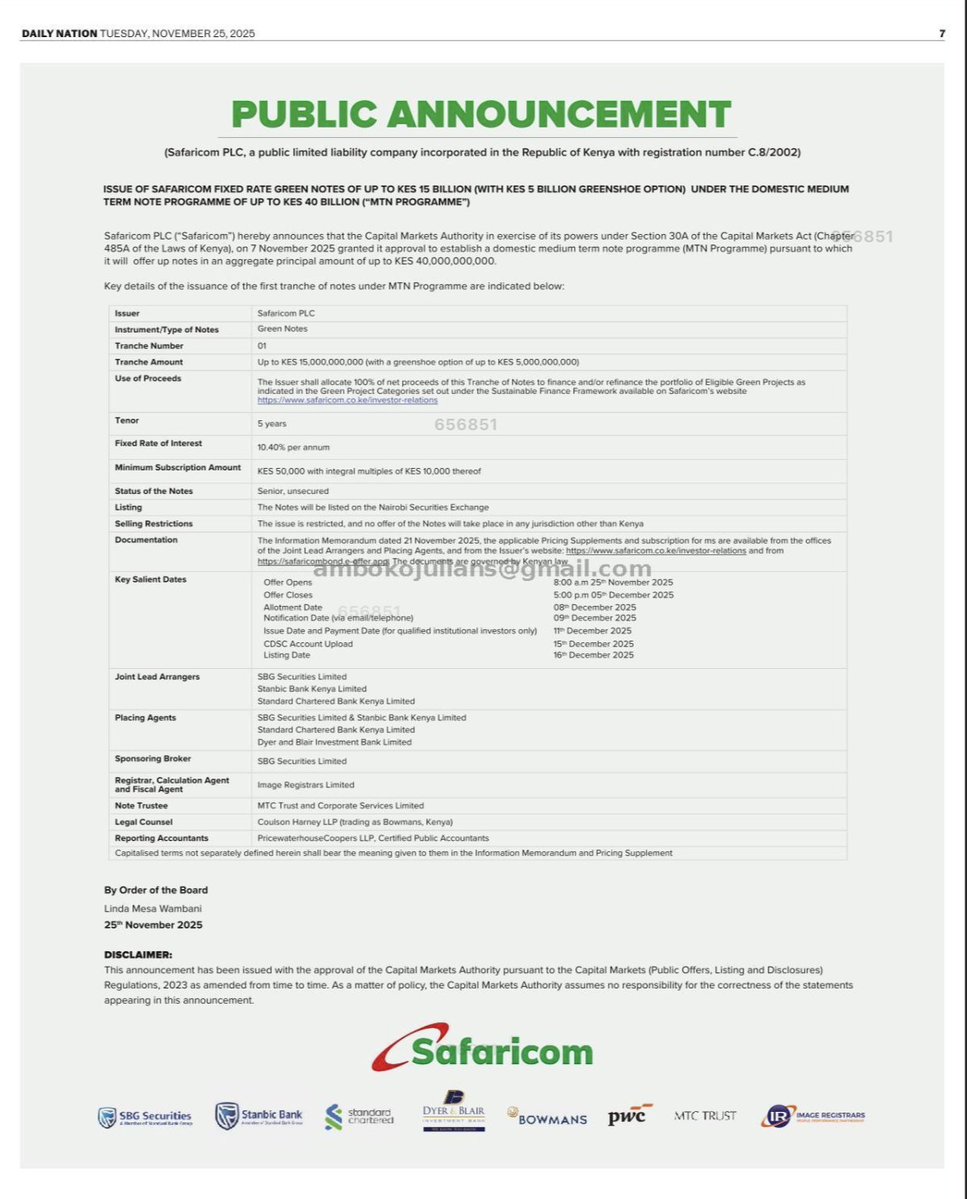 AmbokoJH's tweet image. Safaricom Plc is on some serious balance sheet flex with Tranche I of its medium-term note. 

For a 5-year paper, the telco is offering investors just 10.4%. 

If we thought EABL Plc at 11.8% was stretching the limits of tight credit spreads for investment grade issuers,…