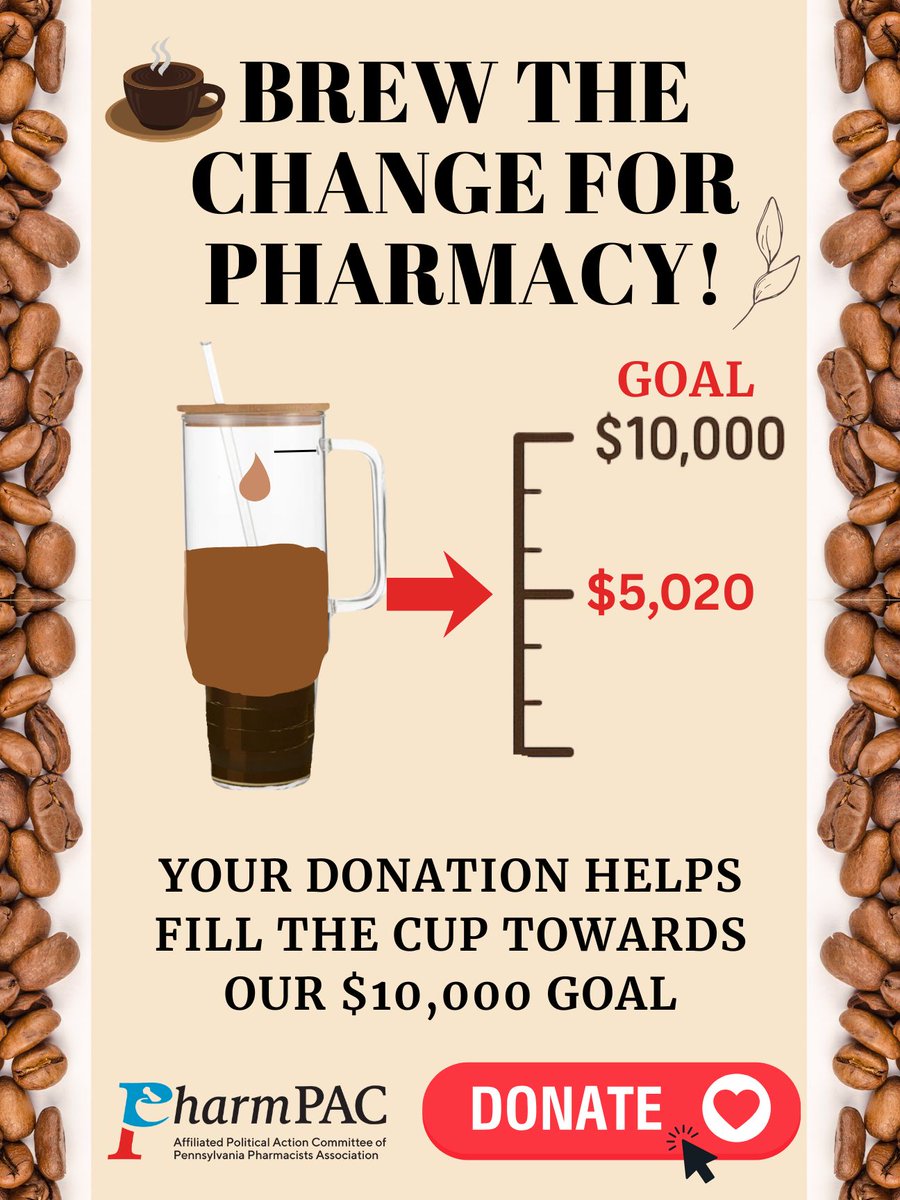 PAPharmacists's tweet image. Pharmacy’s biggest wins in PA weren’t luck, they were from advocacy. And right now, that advocacy is at risk.

Our Goal is $10k; but we’re only $5,020!

☕ Give $5–$10 &amp;amp; help protect the future of pharmacy in PA.

👉 Donate now: papharmacists.com/page/PharmPACD… 
#PPAatWork #PharmPAC