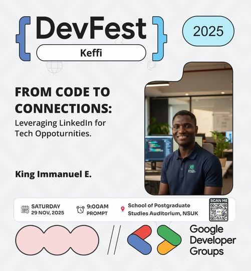 GdgKeffi's tweet photo. We are hyped to welcome King Immanuel E., Global Speaker | Author | Full-Stack Software Engineer | Mentor, as a featured speaker at #DevFestKeffi2025!
Bringing with him, the ultimate playbook:
“From Code to Connections: Leveraging LinkedIn for Tech Opportunities” https://t.co/yfaGvATGkr