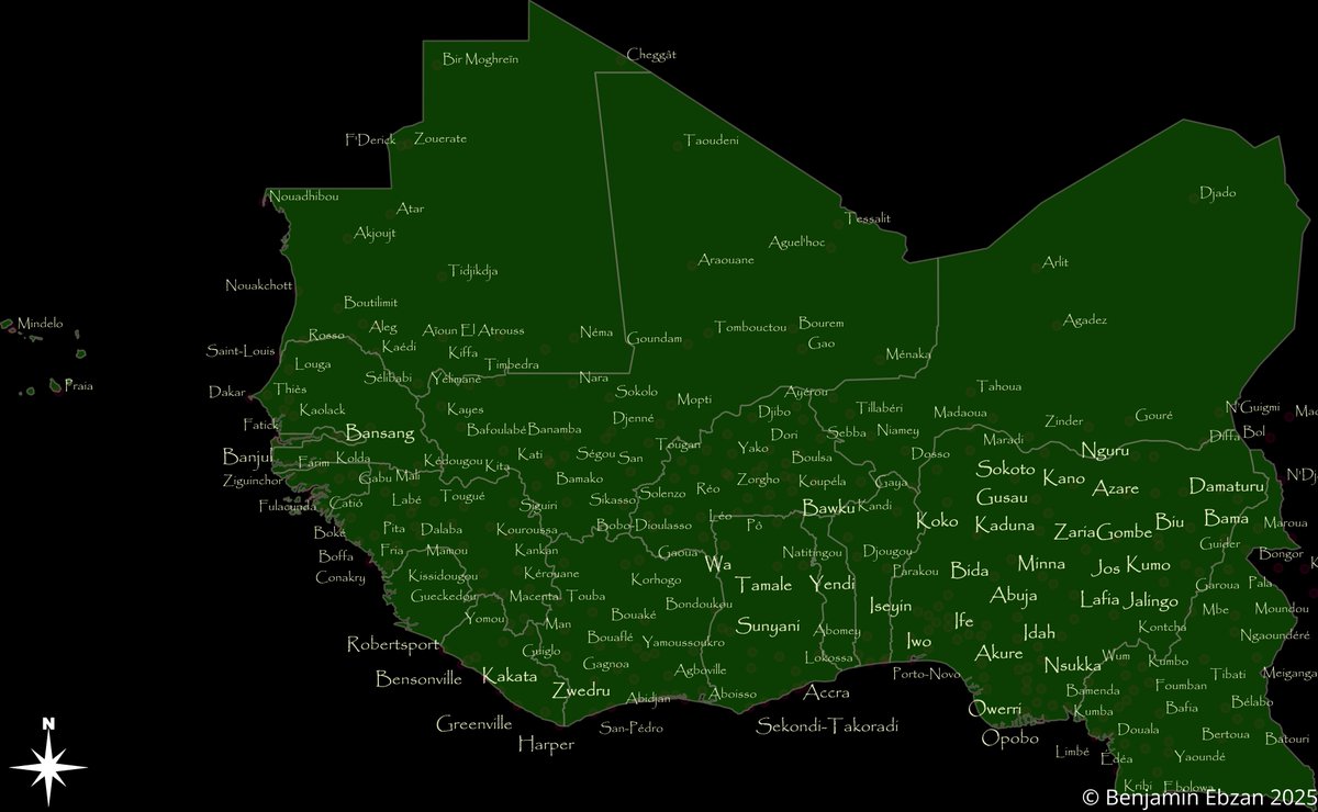 EbzanBenjamin's tweet photo. 🌍Day 24: Place &amp; Their Names
For today’s challenge, I mapped West African countries and labeled their major cities using each nation’s official language.

#GIS #30DayMapChallenge #WestAfrica #Cartography #DataViz https://t.co/rV8jtFJiCM