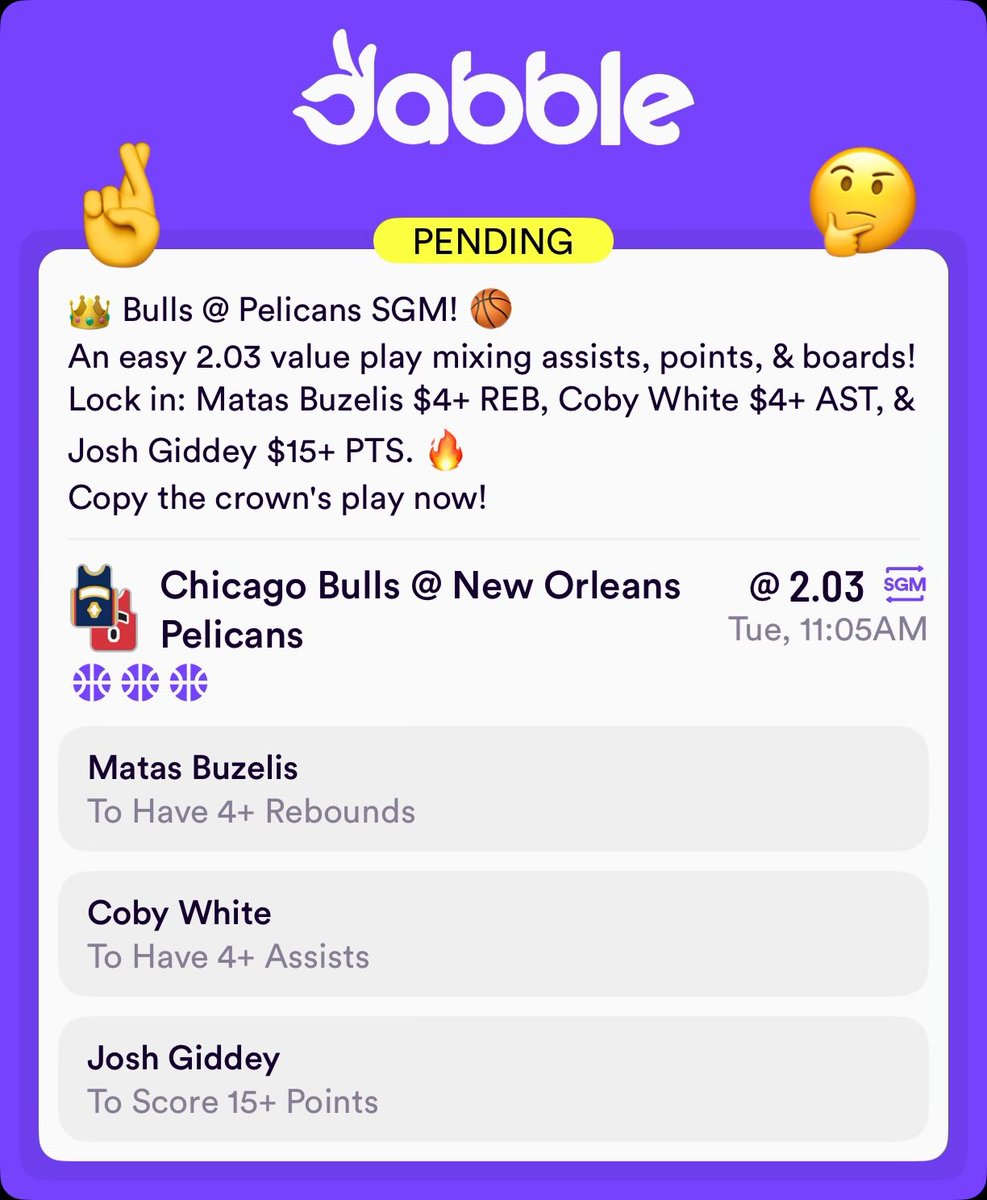 ClarkinBets's tweet image. 👑 Bulls @ Pelicans SGM! 🏀
An easy 2.03 value play mixing assists, points, &amp;amp; boards! Lock in: Matas Buzelis $4+ REB, Coby White $4+ AST, &amp;amp; Josh Giddey $15+ PTS. 🔥
Copy the crown's play now!
#NBA #NBABets #Parlay #Bulls #Pelicans #SGM #SportsBetting

click.dabble.com.au/gnUM/01q1x6m9