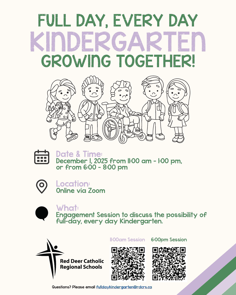 rdcrs's tweet image. We are exploring the possibility of full-day, every-day kindergarten! 

Join us Dec 1 (Online) or Dec 2 (In-Person) to learn more and share your thoughts.

🔗 rdcrs.ca/engagement-ses…

#WeAreRedDeerCatholic #FullDayKindergarten