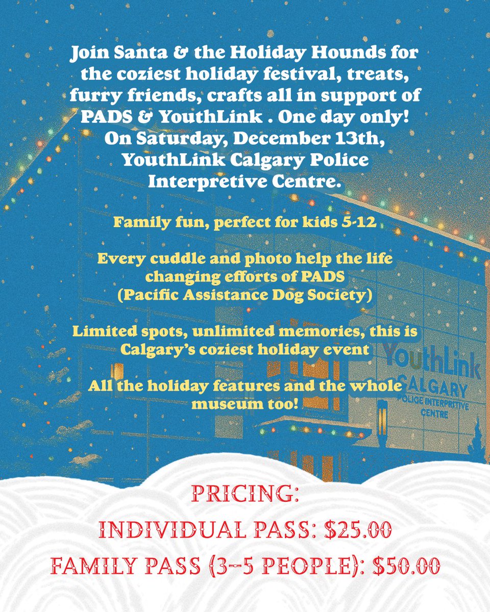 🎅🐾 Holiday Hounds is Dec 13 at YouthLink! Snap pics with Santa &amp; @padsdogs, enjoy milk &amp; cookies, crafts &amp; scavenger hunts. Meet @calgarypolice &amp; <a href="/CPSVAST/">CPS Victim Assistance Support Team</a>  team! 🎟️ Proceeds support @padsdogs + YouthLink crime prevention. Tickets limited—get yours now!  youthlinkcalgary.com/holiday-hounds/