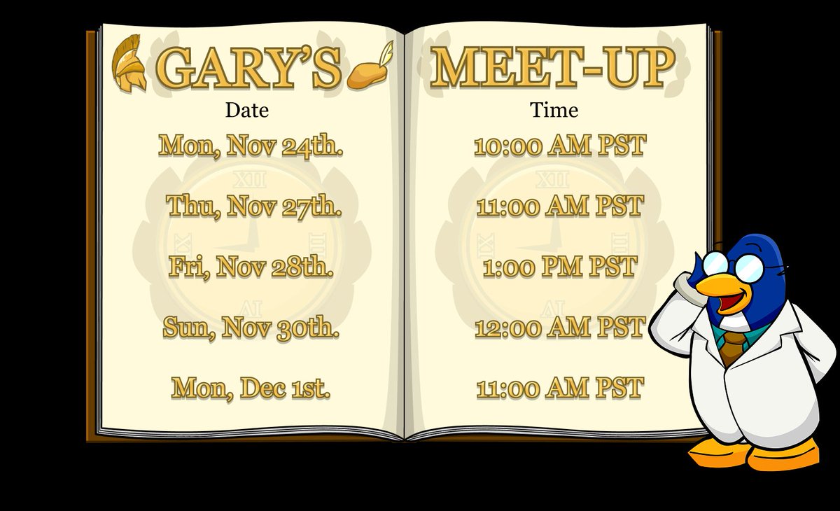 Gadzooks! Looks like these meetup times were sent to a slightly later time period than previously intended. Anyhow look forward to seeing the islands favorite inventor roaming in this amazing party!