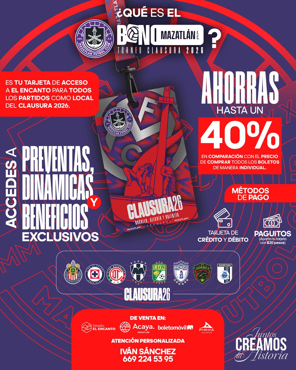 Nacimos en plena pandemia, entre incertidumbres, y aun así seguimos adelante.

Así que, ¡A meterle rumbo al Clausura 2026!

¿Ya sabes qué es el Bono?

Adquiérelo en las taquillas de El Encanto, Plaza Acaya, Pirma Galería o en boletomovil.com/mazatlanfc