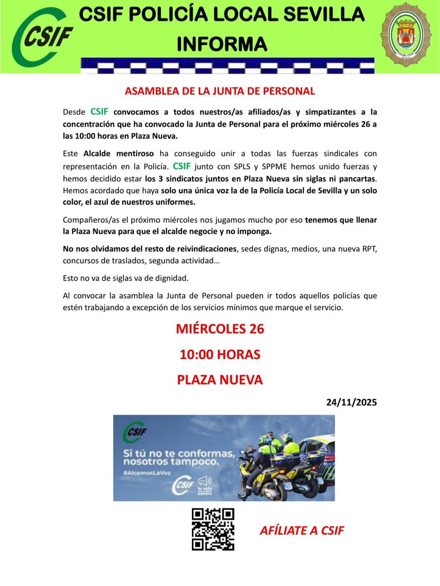 CSIF_PoliciaSev's tweet image. El miércoles 26 a las 10:00 horas todos los Policías Locales estamos convocados a una concentración en Plaza Nueva coincidiendo con la celebración del Pleno extraordinario.
El mentiroso de @jlsanzalcalde ha conseguido unir a todos los sindicatos con representación en la Policía