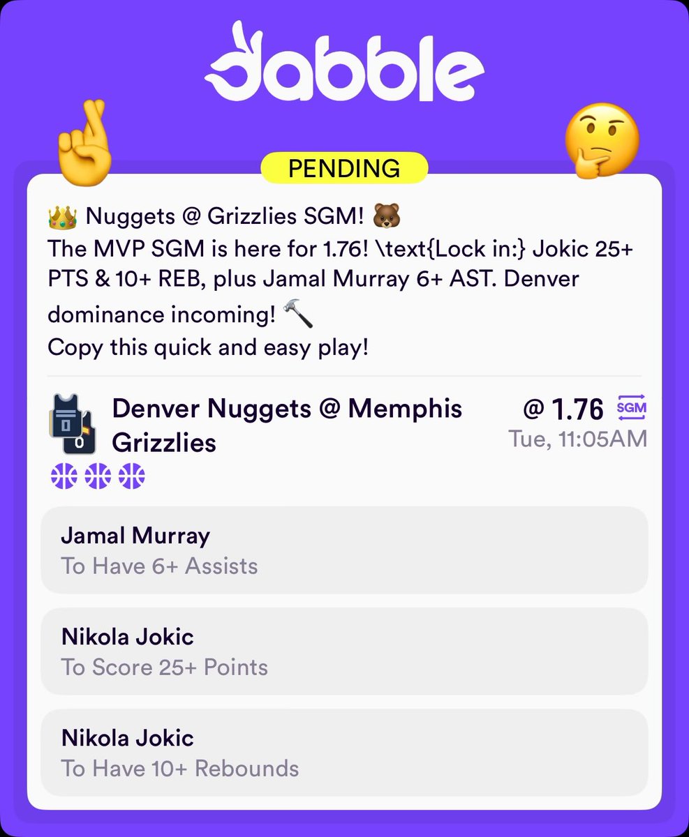 ClarkinBets's tweet image. 👑 Nuggets @ Grizzlies SGM! 🐻
The MVP SGM is here for 1.76! Jokic 25+ PTS &amp;amp; 10+ REB, plus Jamal Murray 6+ AST. Denver dominance incoming! 🔨
Copy this quick and easy play!
#NBA #NBABets #Parlay #SGM #Nuggets #Jokic #MVP #SportsBetting

click.dabble.com.au/gnUM/xi4k6pma