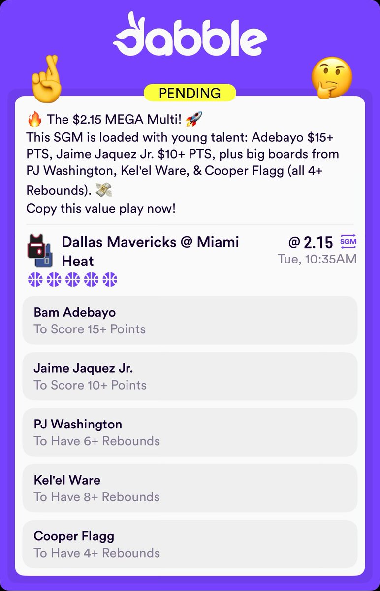ClarkinBets's tweet image. 🔥 The $2.15 MEGA Multi! 🚀
This SGM is loaded with young talent: Adebayo $15+ PTS, Jaime Jaquez Jr. $10+ PTS, plus big boards from PJ Washington, Kel'el Ware, &amp;amp; Cooper Flagg (all 4+ Rebounds). 💸
Copy this value play now!
#NBA #NBABets #Parlay #CBB #MFFL

click.dabble.com.au/gnUM/mthe6vfr