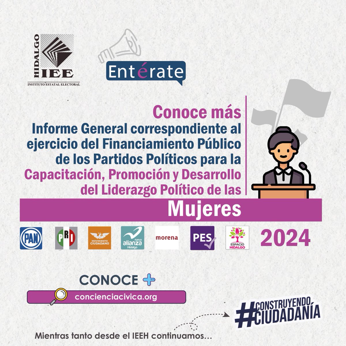 IEEHidalgo's tweet image. 🟣 #IEEHInforma | Cada Partido Político en Hidalgo debe destinar el 8% de su Financiamiento Público Ordinario a fin de mejorar las condiciones para que las mujeres ejerzan en plenitud sus derechos políticos-electorales.
Te invitamos a conocer más del Informe General…