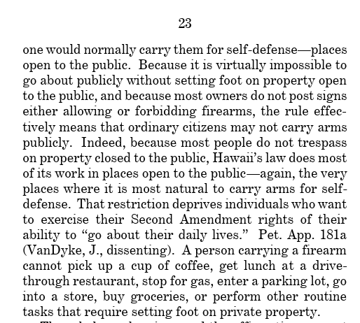 「銃器を所持している人は、コーヒーを買ったり、ドライブスルーのレストランで昼食をとったり、ガソリンを入れたり、駐車場に入ったり、店に入ったり、食料品を買ったり、その他私有地に足を踏み入れる必要のある日常的な行為を行うことはできません。」