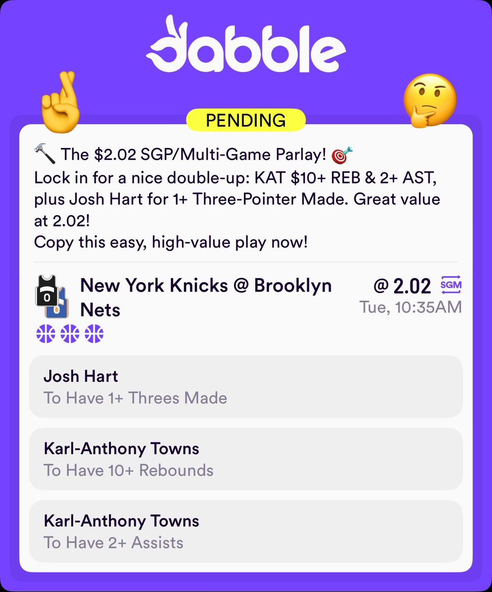 ClarkinBets's tweet image. 🔨 The $2.02 SGP/Multi-Game Parlay! 🎯
Lock in for a nice double-up: KAT $10+ REB &amp;amp; 2+ AST, plus Josh Hart for 1+ Three-Pointer Made. Great value at 2.02!
Copy this easy, high-value play now!
#NBA #NBABets #Parlay #Knicks #Nets #SportsBetting #KAT

click.dabble.com.au/gnUM/qc6ds7k7
