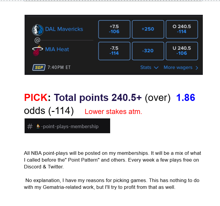 SerbianGematria's tweet photo. ⛹️♂️- point-plays 🏀 NBA: Heat vs Mavericks 11/24/2025
🔥 PICK: Total points 240.5+ (over) 1.86 odds (-114)
🚨 Lower stakes atm.
#pointpatterns https://t.co/zgAWlVa5oT