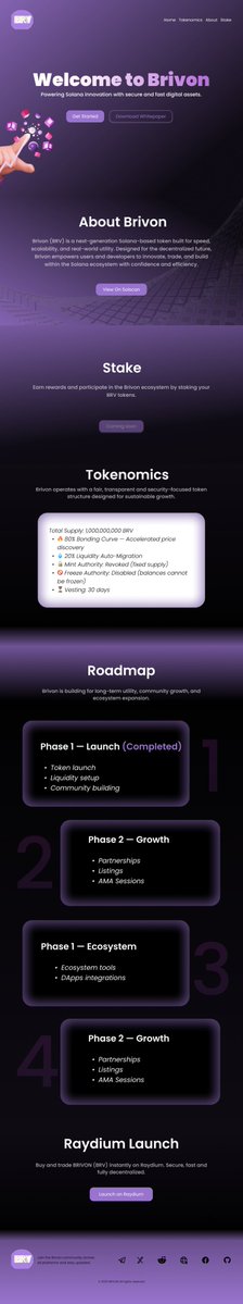 Codedhub_Studio's tweet image. Day 34 - @Brivonsol11 Full Webpage recreation

Recreated the full Brivon landing page with polished hierarchy, and bold hero treatment.

Kept the design clean and trust-forward for Solana audiences.

#SOL #SolanaAirdrop #NFTs #NFT #CryptoMarket #Website #Trump #UIDesign #NFL