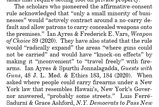 我々の意見書と同様に、米国は、ヴァンパイア・ルールが銃規制反対派の学者によって、銃の携帯権を阻害する明確な意図を持って考案されたことを指摘しています。また、我々と同様に、ニューヨーク州のホークル知事が、銃の携帯をせいぜい「一部の道路」のみに