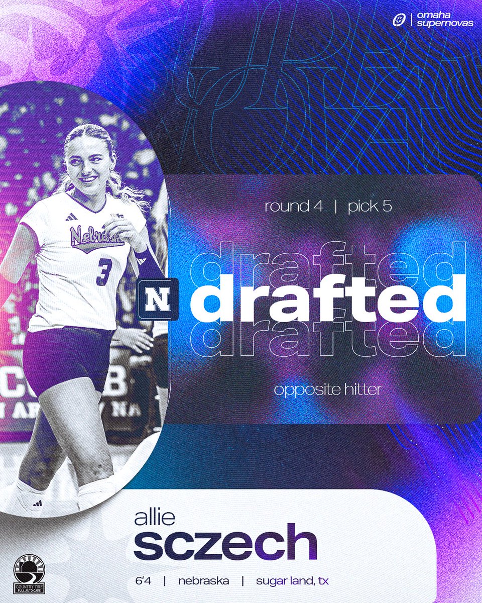 OmahaSupernovas's tweet image. With the 29th overall pick in the 2025 #MLVDraft, the Omaha Supernovas take Opposite Hitter Allie Sczech from the University of Nebraska-Lincoln! 

#OmahaSupernovas | Country Tire Automotive
