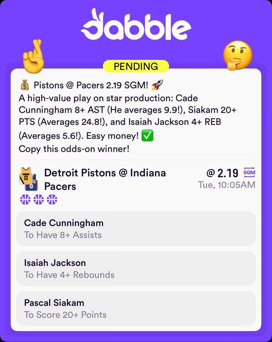 ClarkinBets's tweet image. 💰 Pistons @ Pacers 2.19 SGM! 🚀
A high-value play on star production: Cade Cunningham 8+ AST (He averages 9.9!), Siakam 20+ PTS (Averages 24.8!), and Isaiah Jackson 4+ REB (Averages 5.6!). 
Copy this odds-on winner!
#NBA #NBABets #Parlay #Pistons #Pacers 
click.dabble.com.au/gnUM/e3es82ql