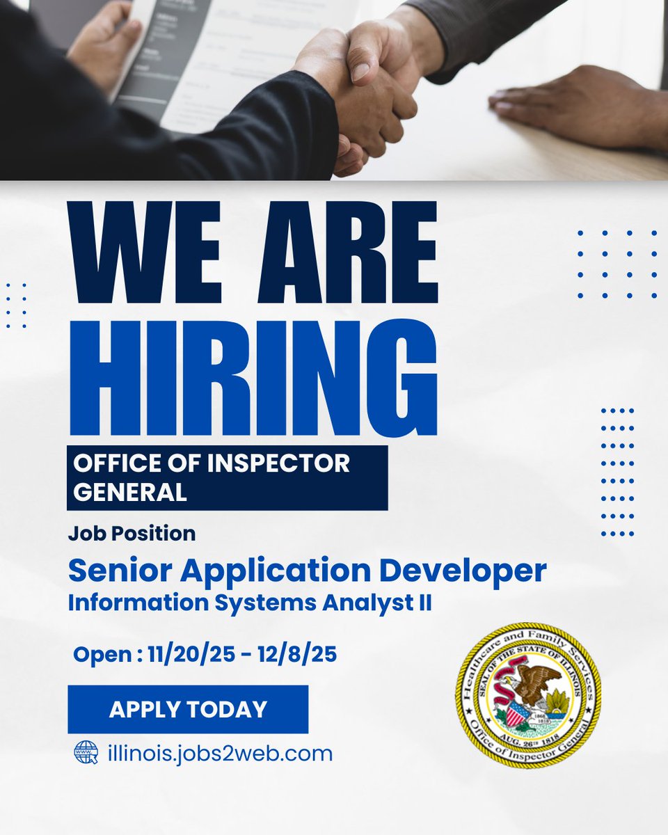 HFSOIG's tweet image. 🚨 We&apos;re Hiring: Senior Application Developer
Join HFS OIG and help protect Illinois’ Medicaid program from fraud.
 💼 Great benefits
 📈 Career growth
 💡 Make an impact
📍 Chicago
Apply now 👉illinois.jobs2web.com/job-invite/513…
#IllinoisJobs #ApplicationDevelopment