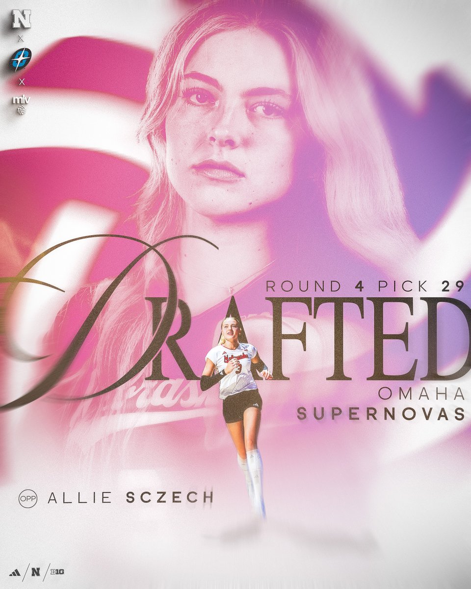 HuskerVB's tweet image. SCZECH PLEASE! ✅

With the 29th overall pick in the 2025 #MLVDraft, the @OmahaSupernovas select Opposite Hitter Allie Sczech!

#ProBigRed x @AllieSczech