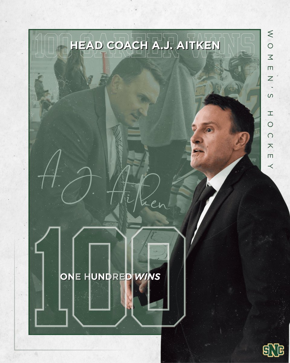 Women’s hockey head coach A.J. Aitken earned his 100th career win as the Green Knights completed a weekend sweep of Aurora University.

The win advanced his overall record to 100-48-5 in his sixth season leading the program. Congrats Coach!

#GoGreenKnights