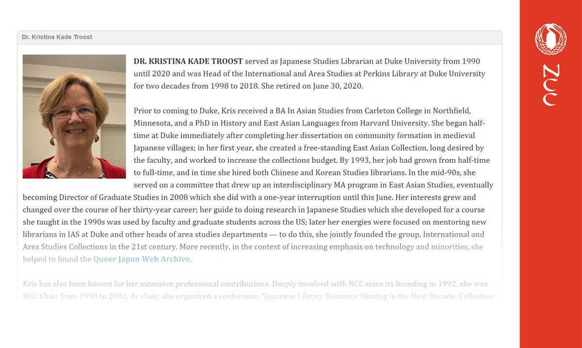 Our Multimedia History Project interviews some of the field's founding specialists to gain insight from those who trained/mentored next generations! ✨  See our feature with Dr. Kristina Troost (former Japan Librarian @DukeLibraries &amp; NCC Chair 1998-2001)! guides.nccjapan.org/c.php?g=922649…