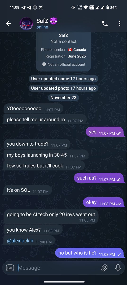 Been getting lots of DMs about this

Someone is impostering me on Telegram 🚨

1. My only TG is “CrypSaf” (no spam plz)
2. I never dm first (unless you are a girl)
3. I never ask you for funds

Be careful plz 🙏🏻

He is DMing all my network now

If you didn’t get a dm

Means we