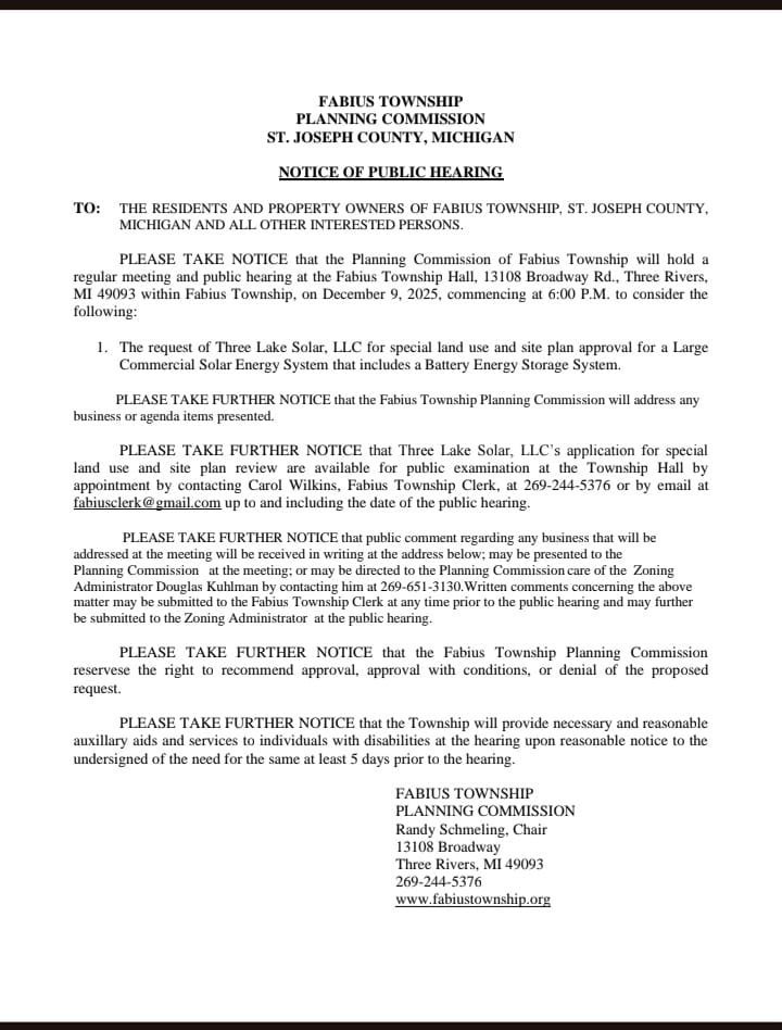 Anyone in or near Fabius Township, Michigan? Its just west of Three Rivers. Three Lakes Solar, a Chinese company linked to the CCP, is trying to build a Solar farm and battery complex there. A meeting of the Planning commission is scheduled for Dec 9, 2025!
