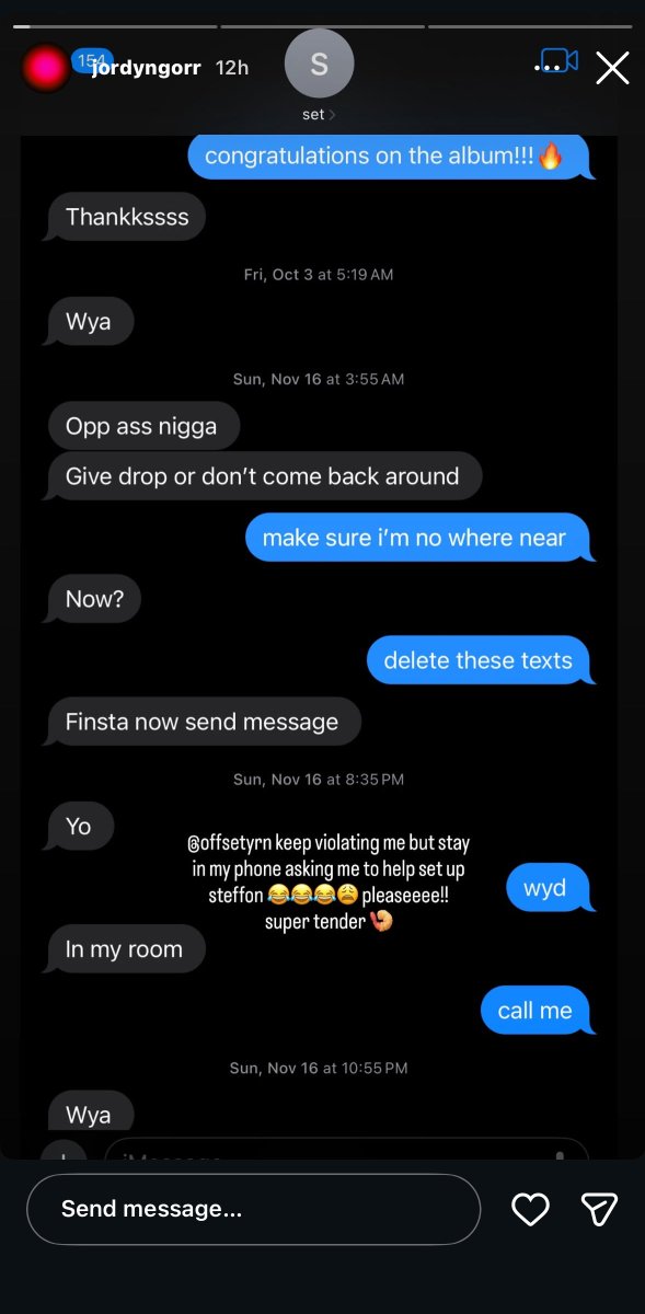 devometric's tweet image. Offset is currently going around asking women to help set Stefon up to get him beat up/killed

Idky people are trying to say it’s fake, the woman just exposed his finsta messages of him threatening her after she exposed him.