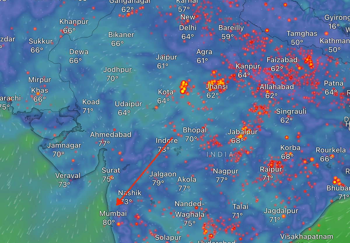 Mumbai spike in AQI. 

I think it is still majorly due to farm fires but in MP, UP, Bihar - all NDA states. Can't blame Punjab anymore. Arrow marks wind direction. And red dots are farm fires.
