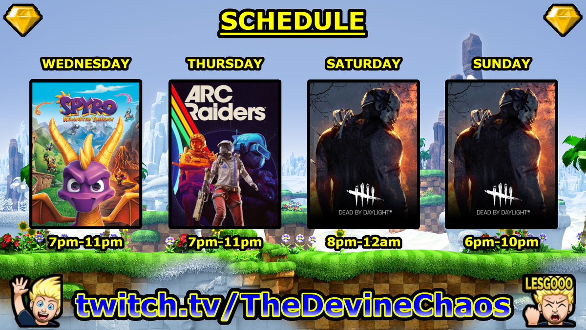 🚨 SCHEDULE ANNOUNCEMENT 🚨

Mixed batch of games this week 🙌🏻

Revisiting Spyro Reignited Wednesday and then getting carried by <a href="/sldrinky/">Sldrinky on Twitch</a> in Arc Raiders on Thursday 💛

Standard DBD at the weekend 🏃🏻‍♂️

All times shown are UK time 🙌🏻