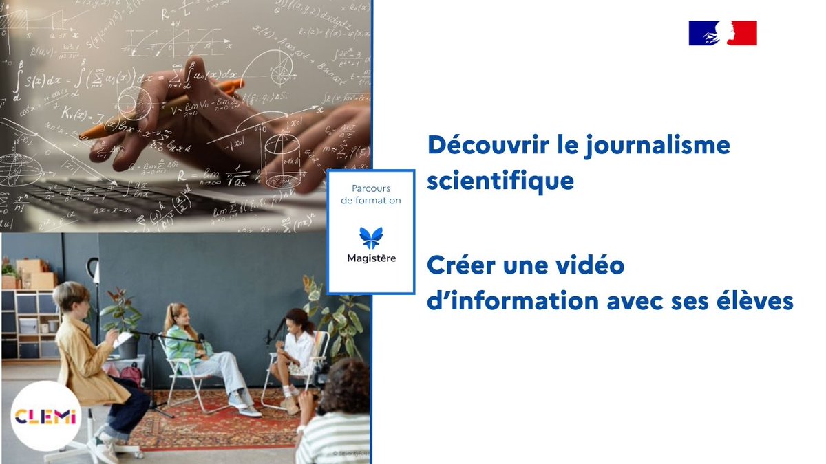 🚀2 h pour vous former sur comment créer une vidéo d’information avec vos élèves ou sur le journalisme scientifique.
🎓2 nouveaux parcours de formation dédiés sont disponibles sur Magistère.
👉urls.fr/J4dKdY